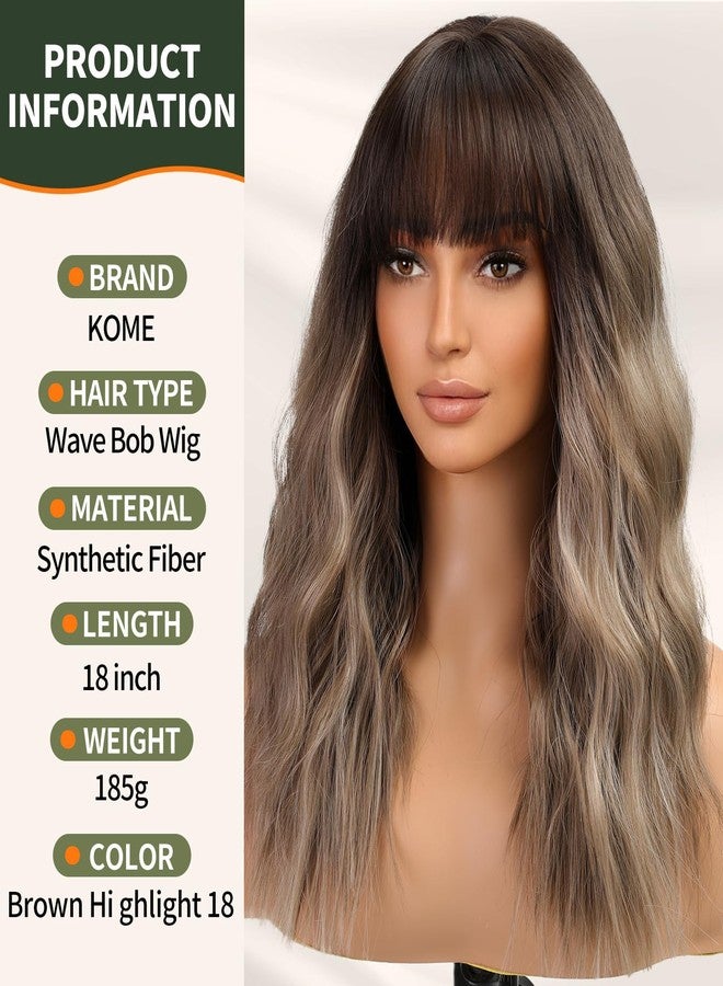 KOME Brown Wig with Bangs,Brown Highlight Synthetic Shoulder Length Curly Wavy Wigs for Women Party Daily Use 18IN - Image 4